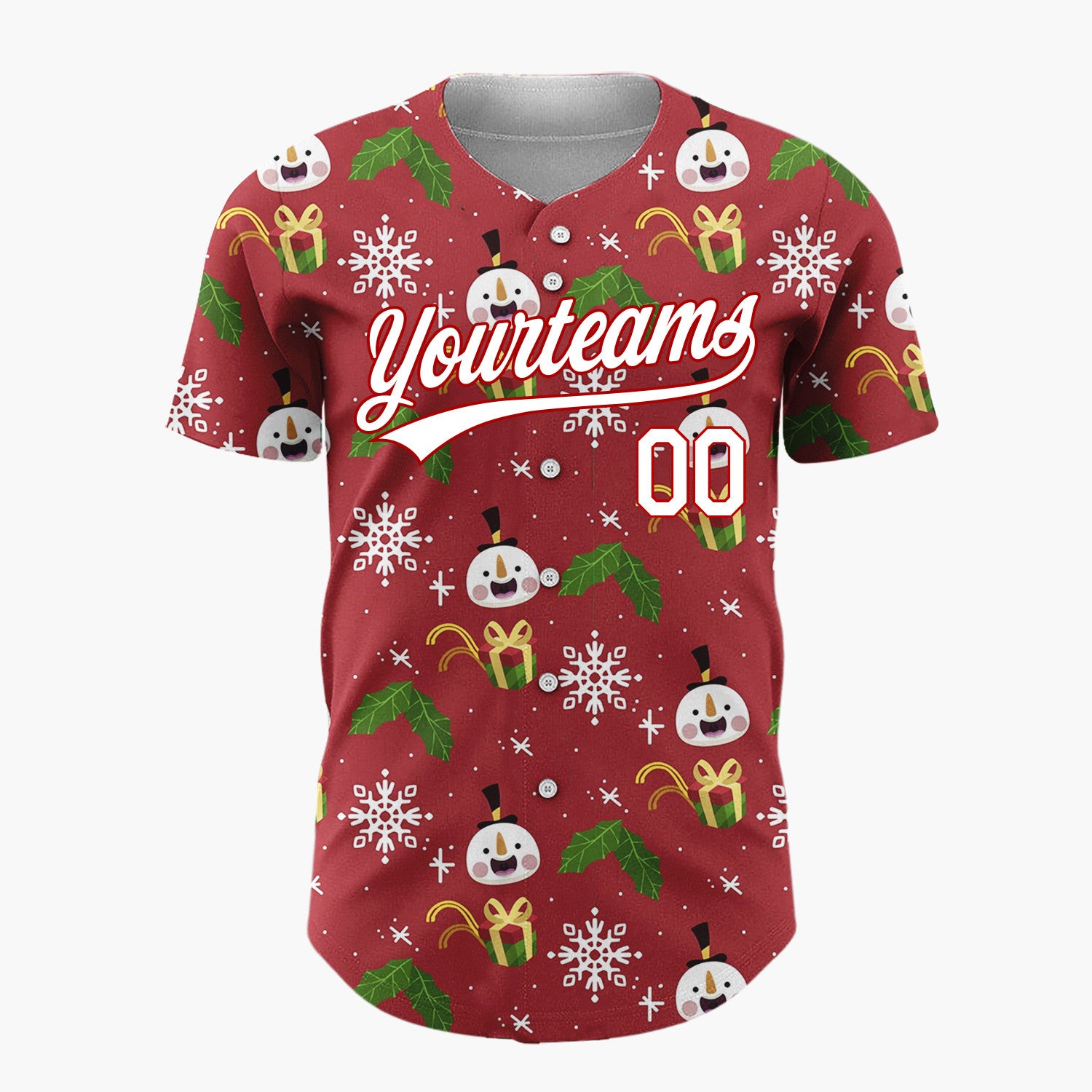 Custom Maroon White Green Snowmen Gifts And Snowflakes Cozy Holiday Pattern Christmas Baseball Jersey