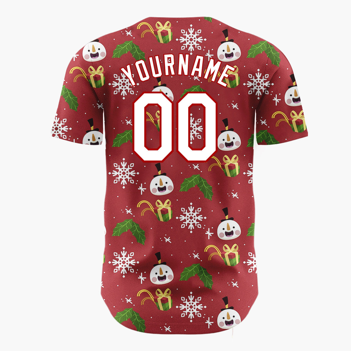 Custom Maroon White Green Snowmen Gifts And Snowflakes Cozy Holiday Pattern Christmas Baseball Jersey