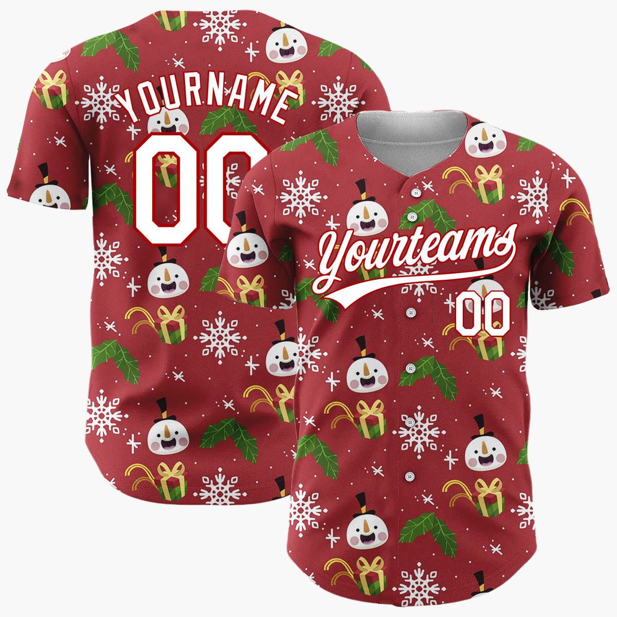 Custom Maroon White Green Snowmen Gifts And Snowflakes Cozy Holiday Pattern Christmas Baseball Jersey