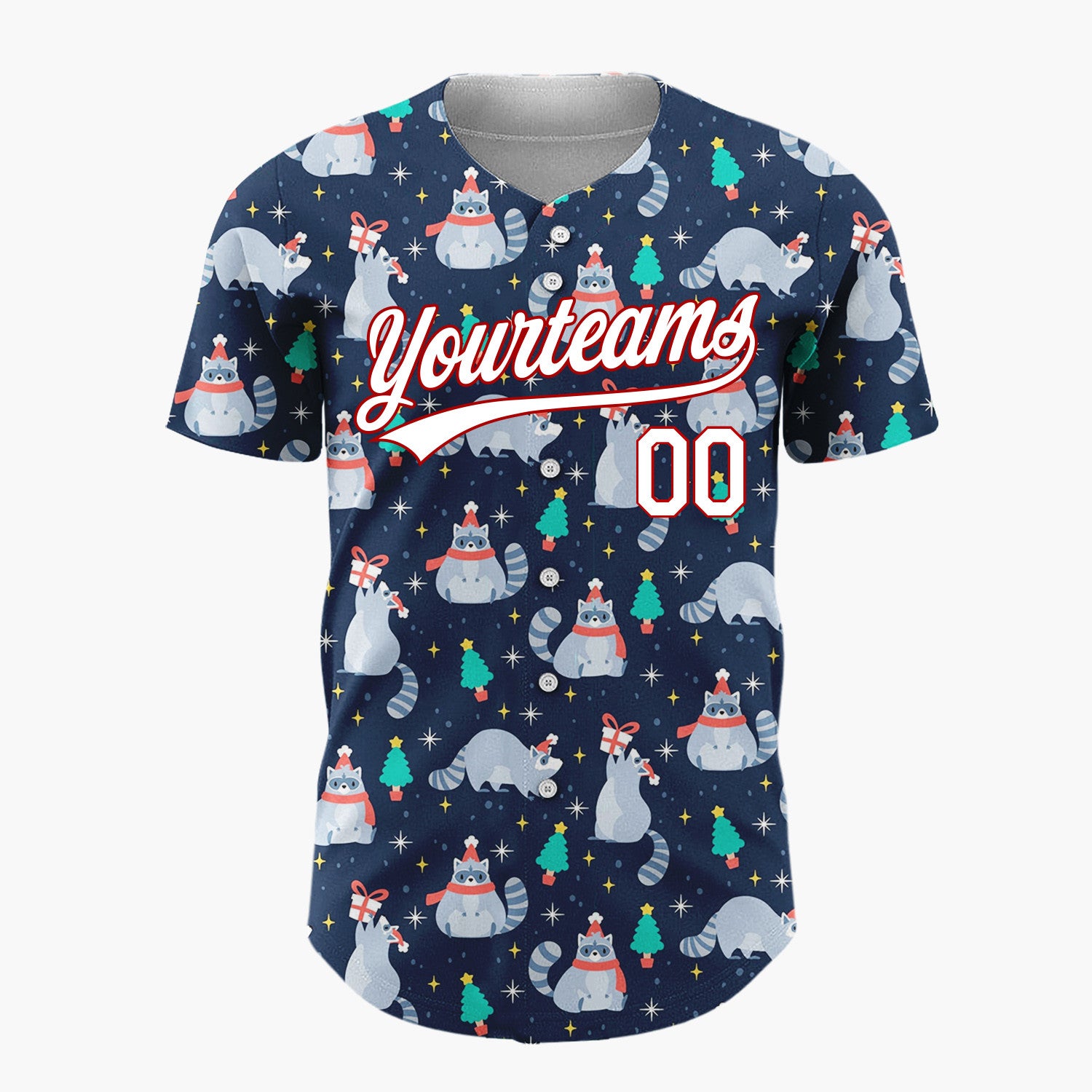 Custom Navy Blue Raccoons Trees And Gifts Cute Christmas Baseball Jersey