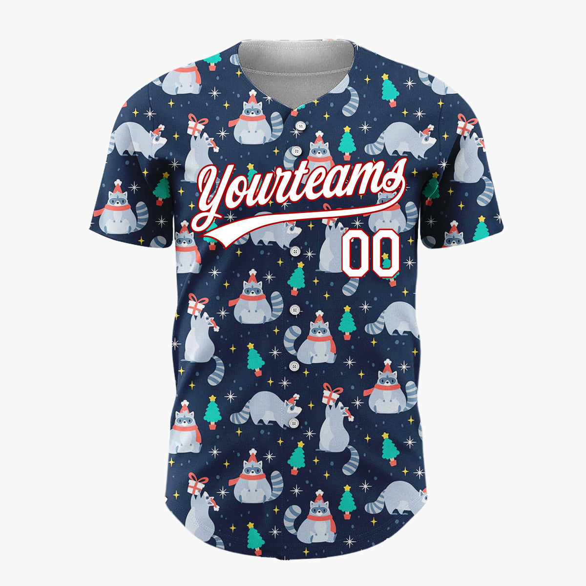 Custom Navy Blue Raccoons Trees And Gifts Cute Christmas Baseball Jersey