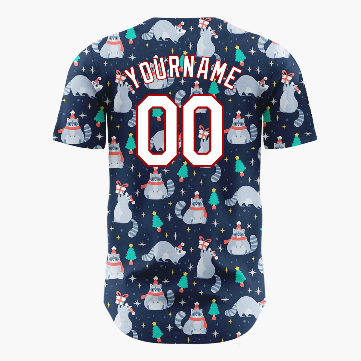Custom Navy Blue Raccoons Trees And Gifts Cute Christmas Baseball Jersey