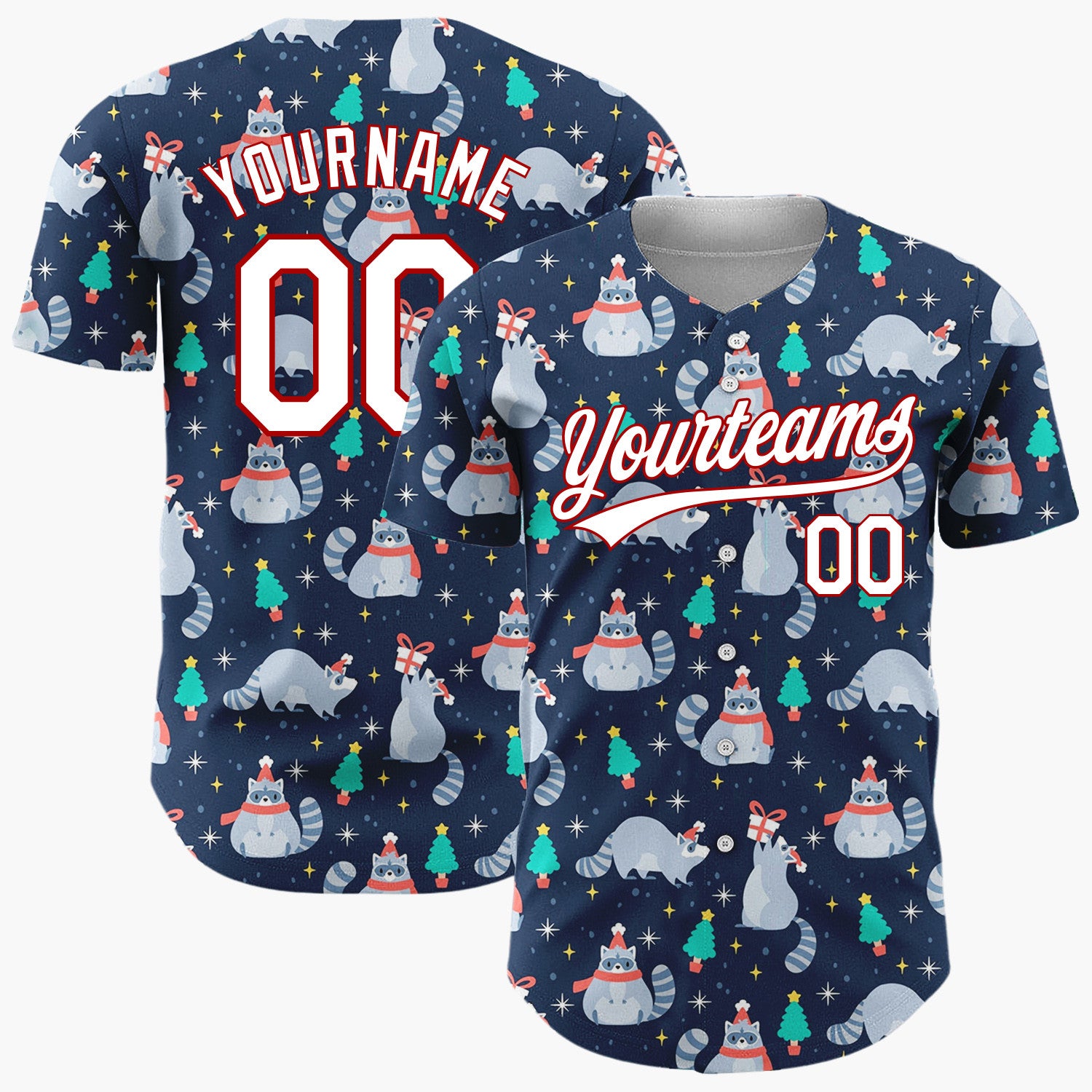 Custom Navy Blue Raccoons Trees And Gifts Cute Christmas Baseball Jersey