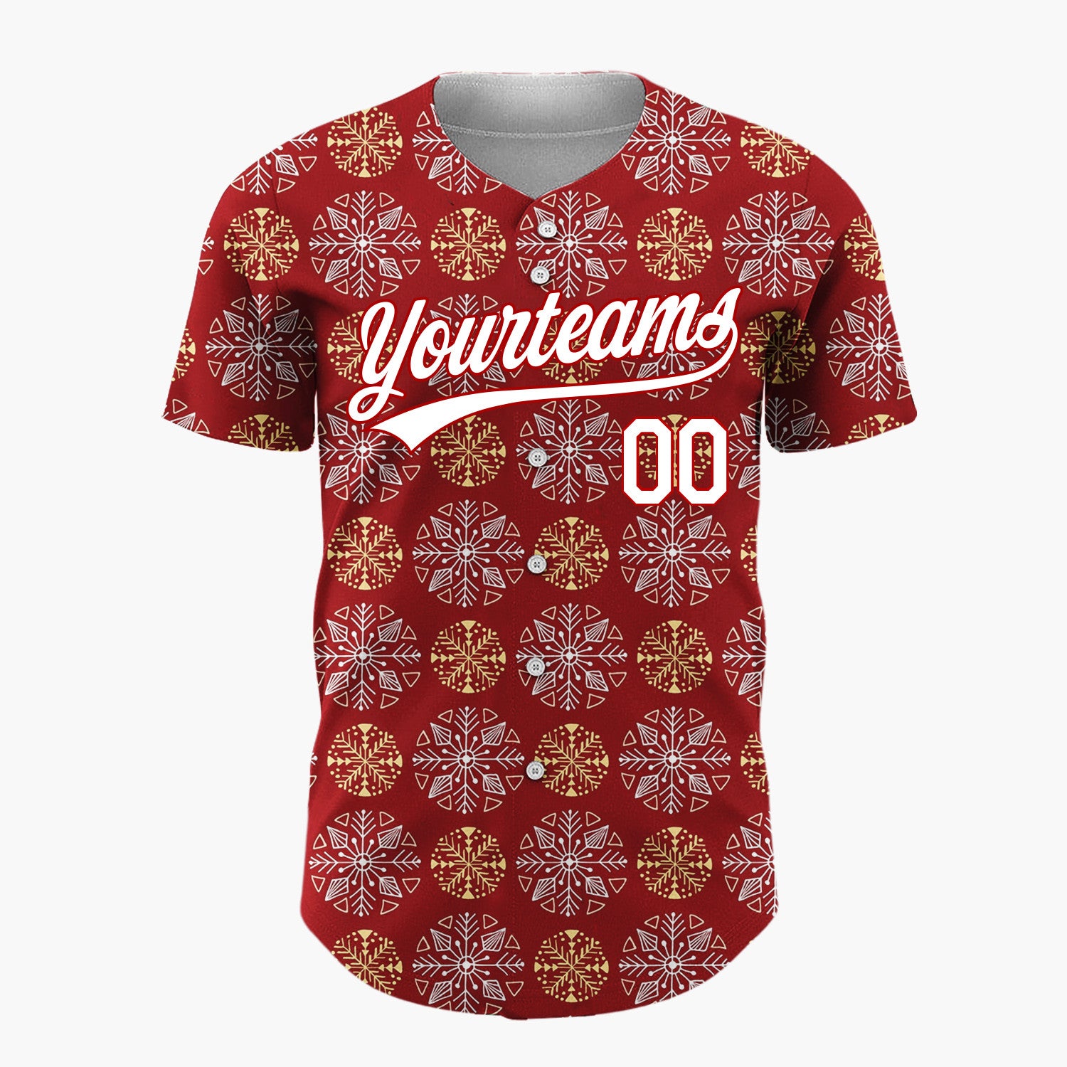 Custom Maroon White And Gold Snowflake Geometric Pattern Christmas Baseball Jersey