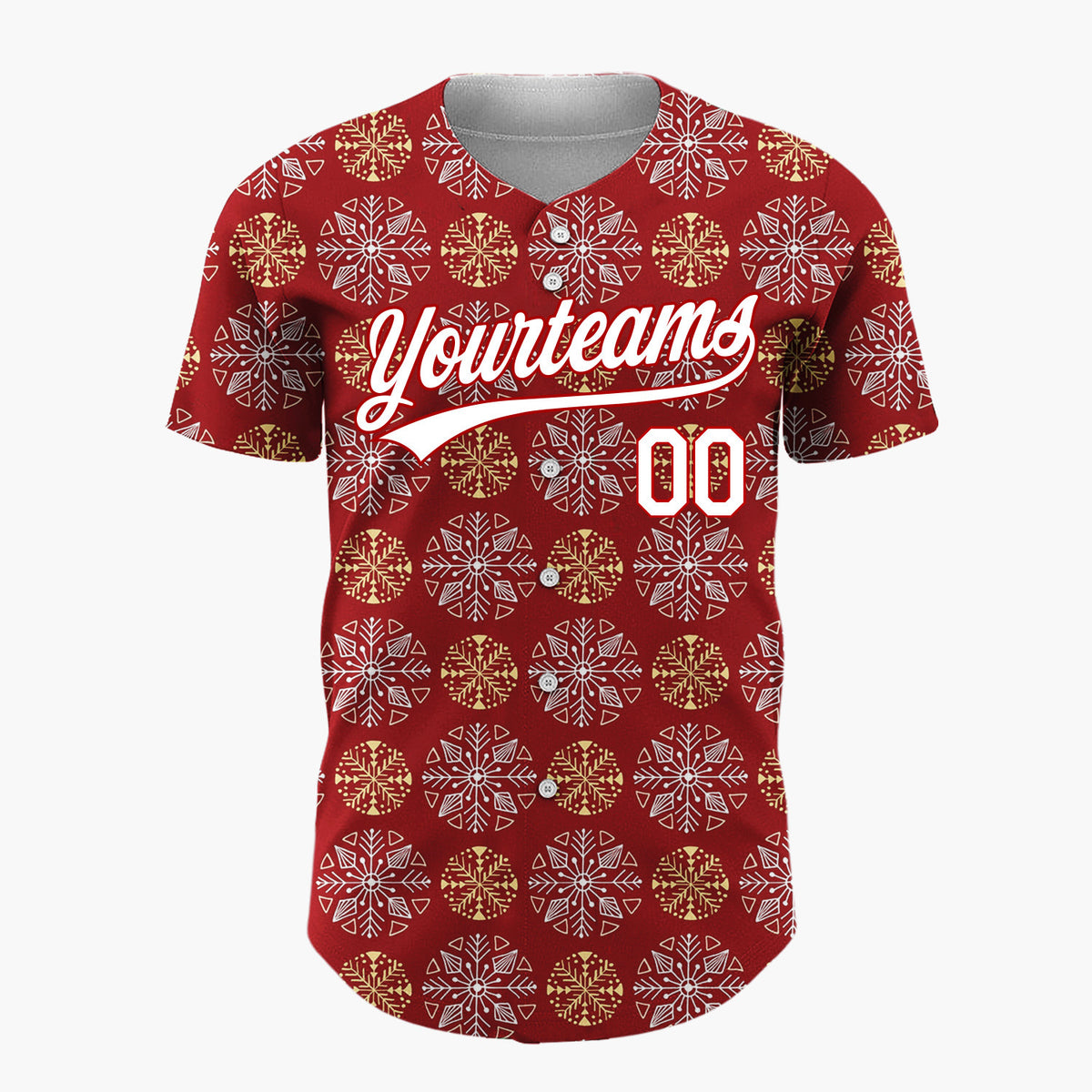 Custom Maroon White And Gold Snowflake Geometric Pattern Christmas Baseball Jersey