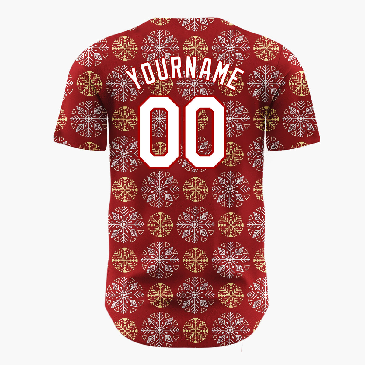 Custom Maroon White And Gold Snowflake Geometric Pattern Christmas Baseball Jersey