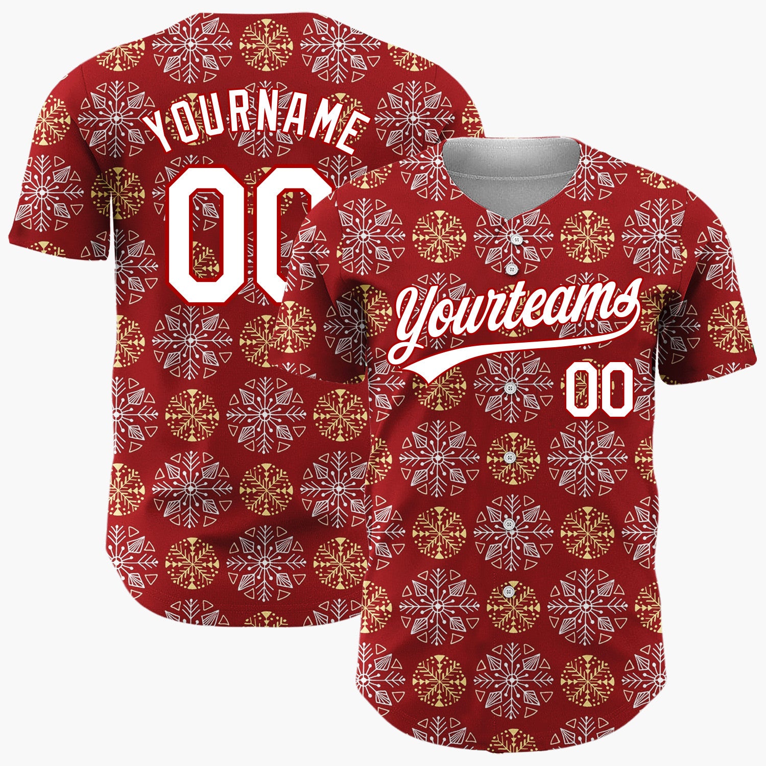 Custom Maroon White And Gold Snowflake Geometric Pattern Christmas Baseball Jersey