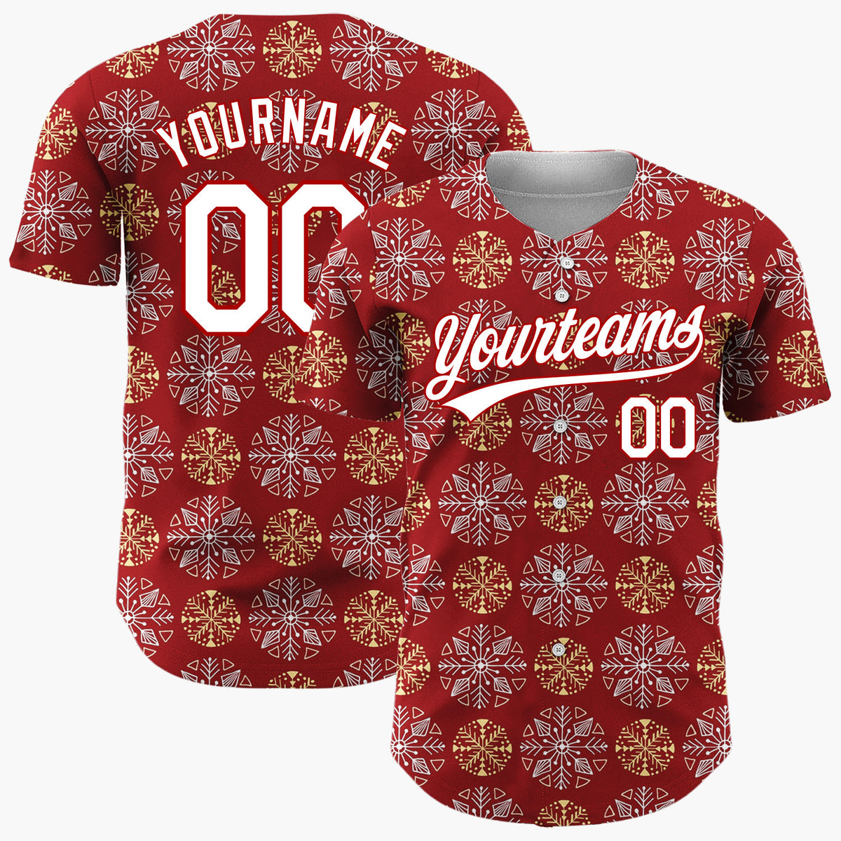 Custom Maroon White And Gold Snowflake Geometric Pattern Christmas Baseball Jersey