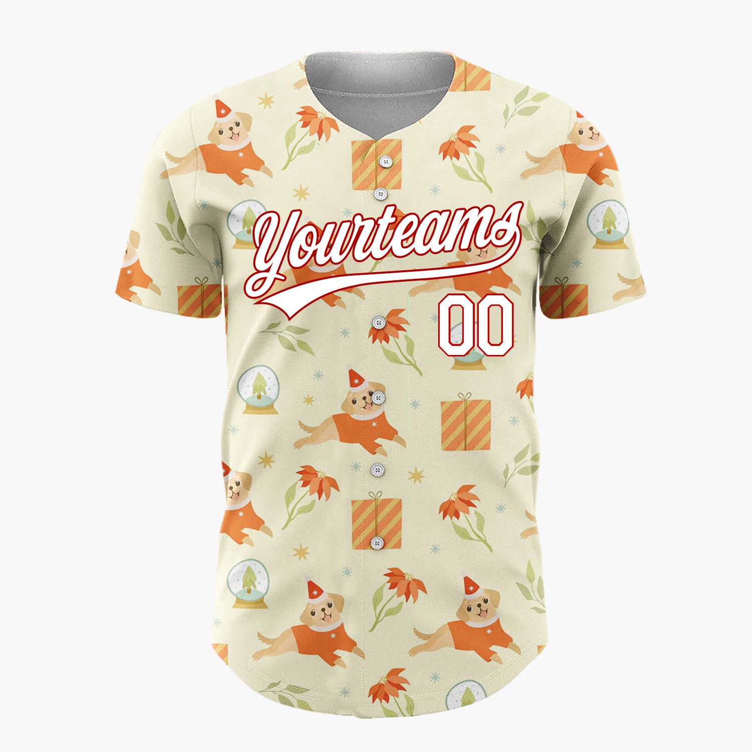 Custom Light Yellow Puppy Poinsettia Snow Globe Pattern Christmas Baseball Jersey