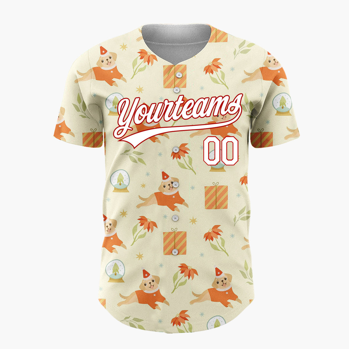 Custom Light Yellow Puppy Poinsettia Snow Globe Pattern Christmas Baseball Jersey