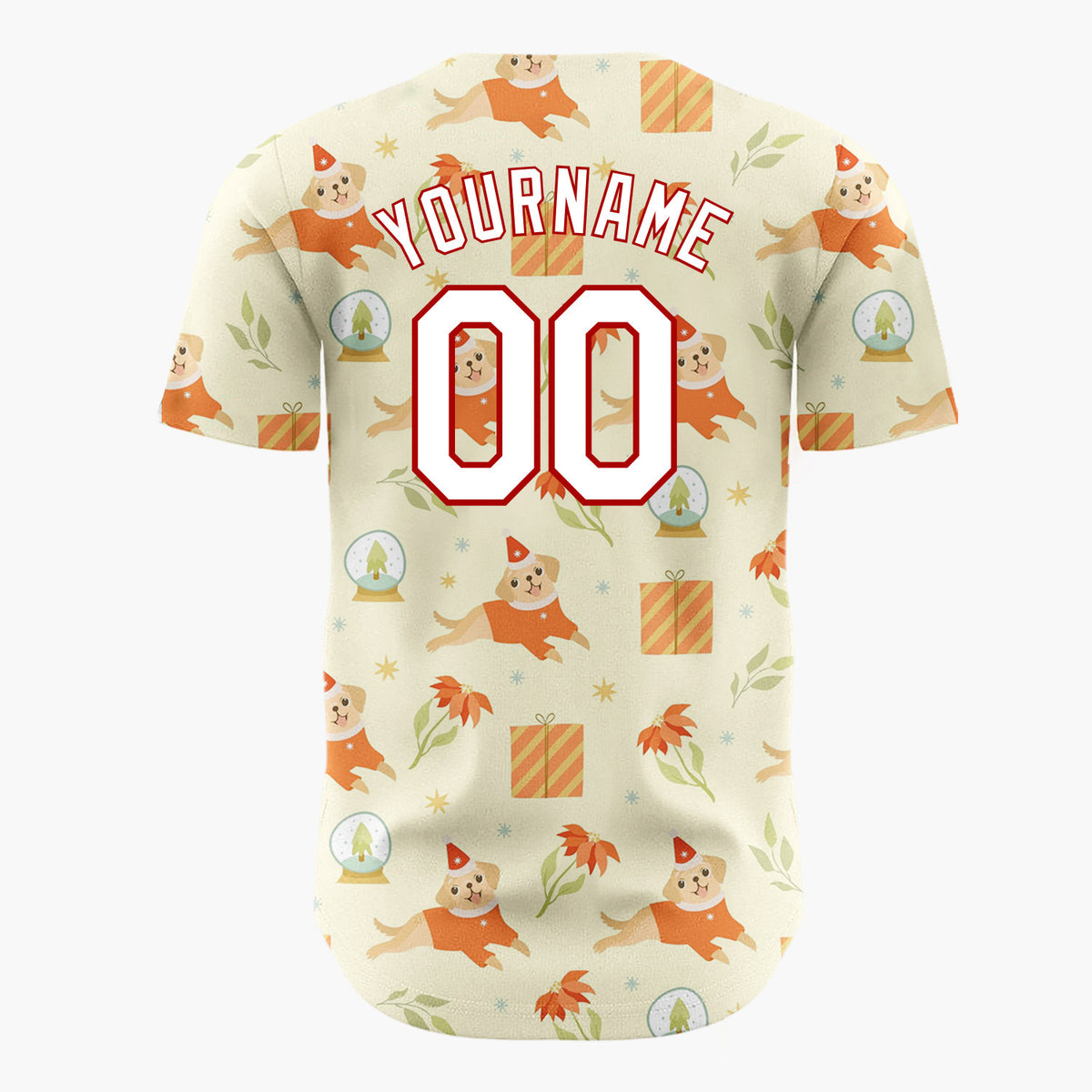 Custom Light Yellow Puppy Poinsettia Snow Globe Pattern Christmas Baseball Jersey