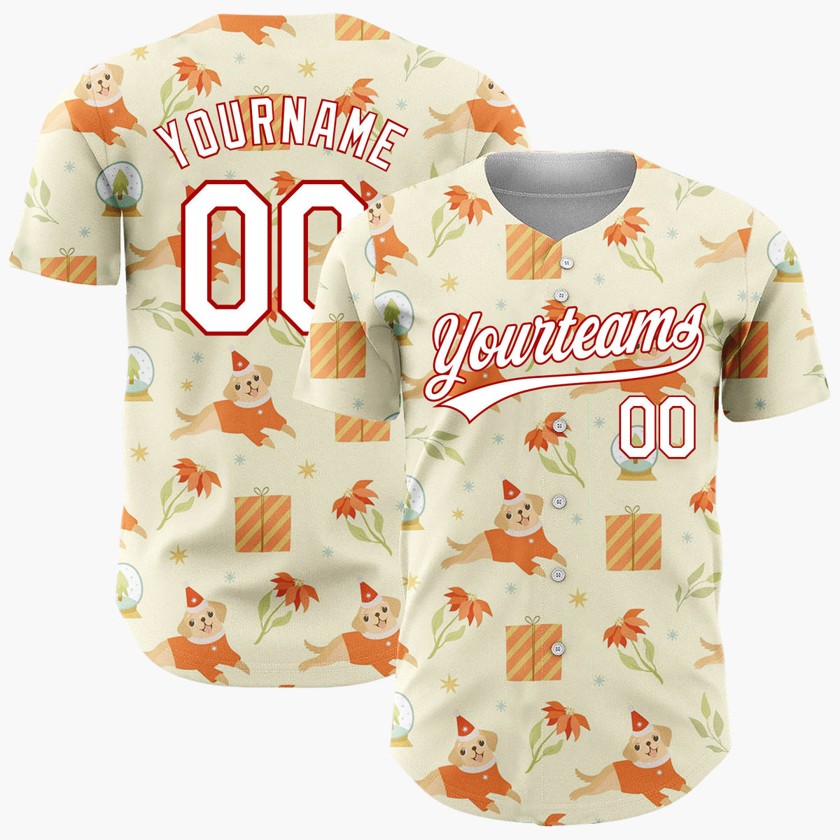 Custom Light Yellow Puppy Poinsettia Snow Globe Pattern Christmas Baseball Jersey