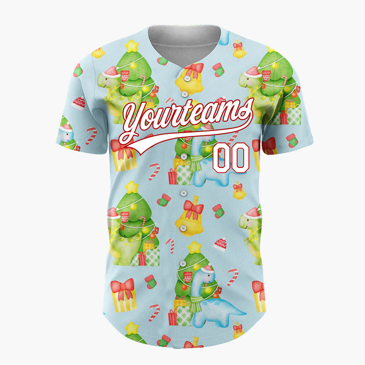 Custom Light Blue Watercolor Christmas Dinosaurs Cute Whimsical Pattern Christmas Baseball Jersey