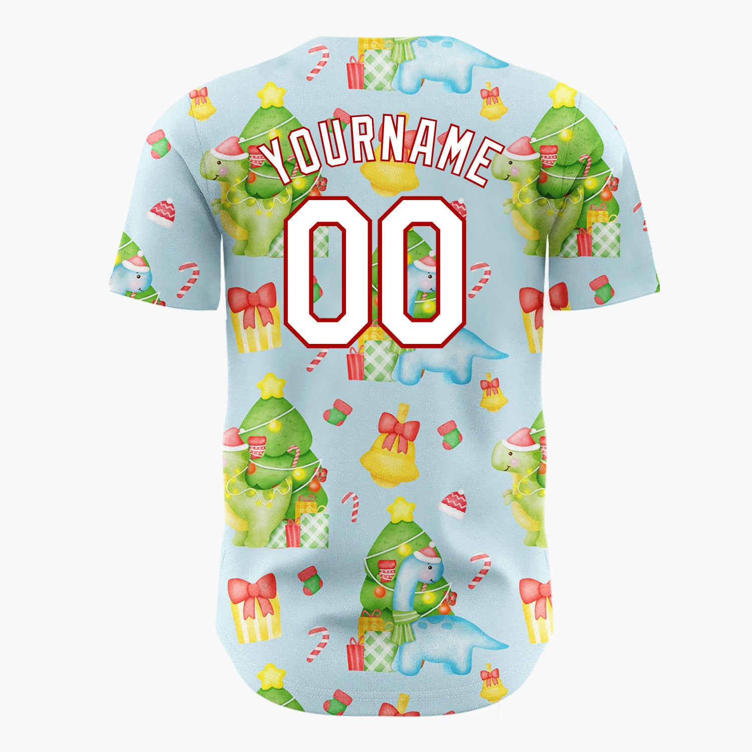 Custom Light Blue Watercolor Christmas Dinosaurs Cute Whimsical Pattern Christmas Baseball Jersey