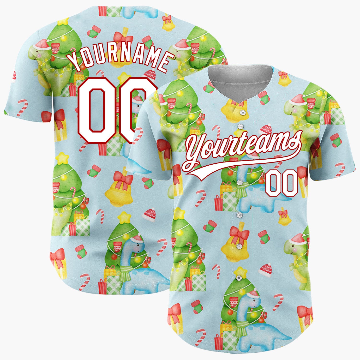 Custom Light Blue Watercolor Christmas Dinosaurs Cute Whimsical Pattern Christmas Baseball Jersey