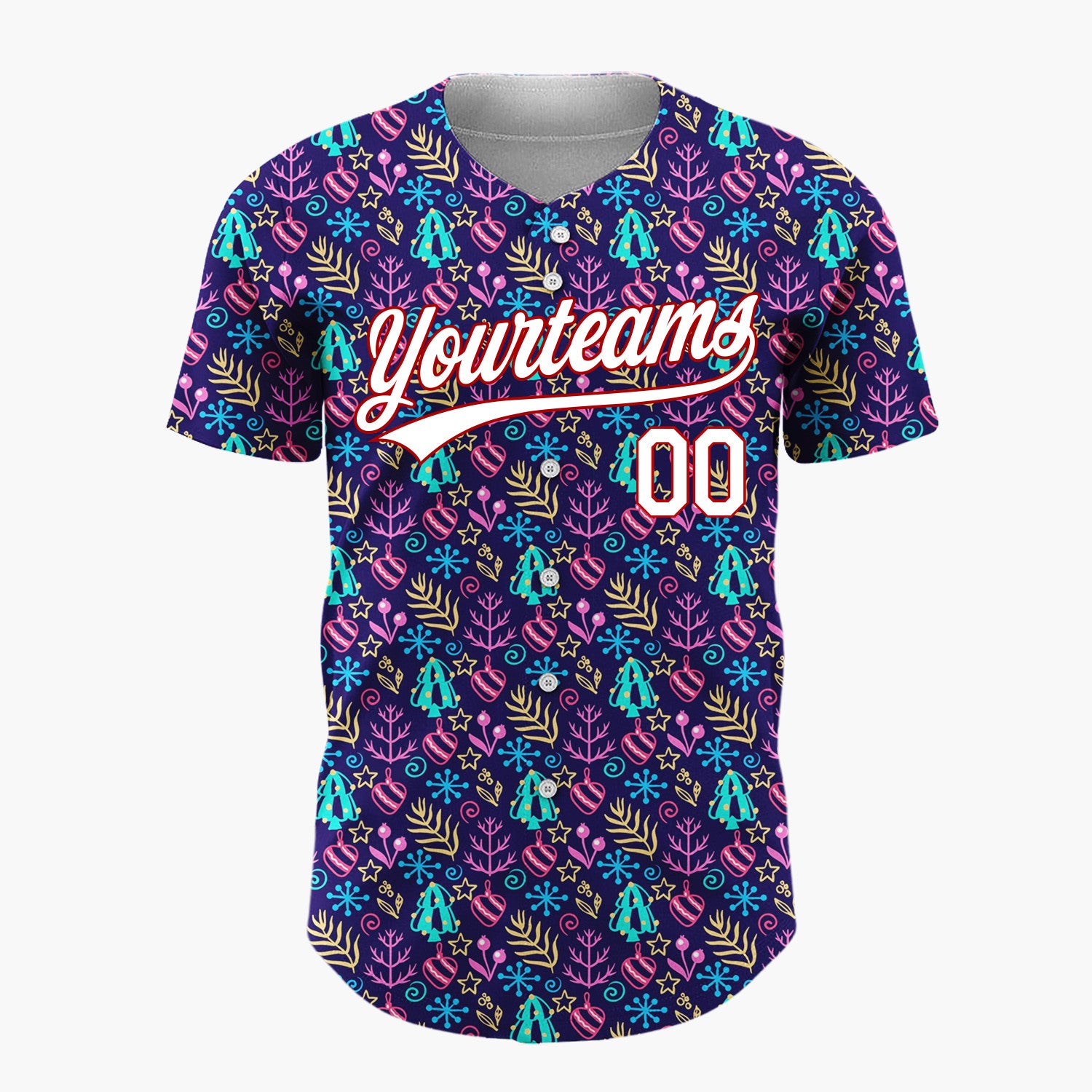 Custom Navy Blue Neon Christmas Trees Snowflakes And Ornaments Festive Pattern Christmas Baseball Jersey
