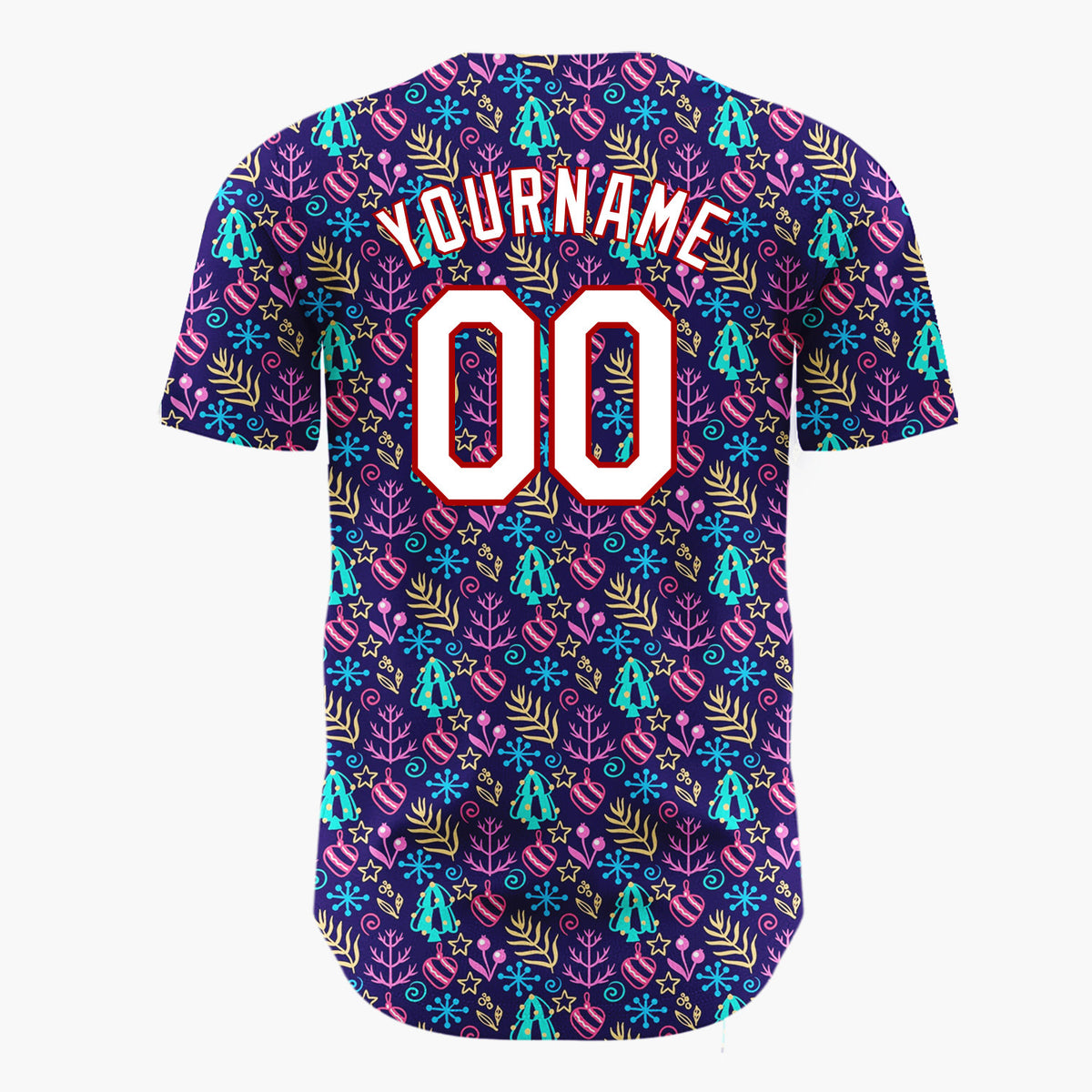 Custom Navy Blue Neon Christmas Trees Snowflakes And Ornaments Festive Pattern Christmas Baseball Jersey