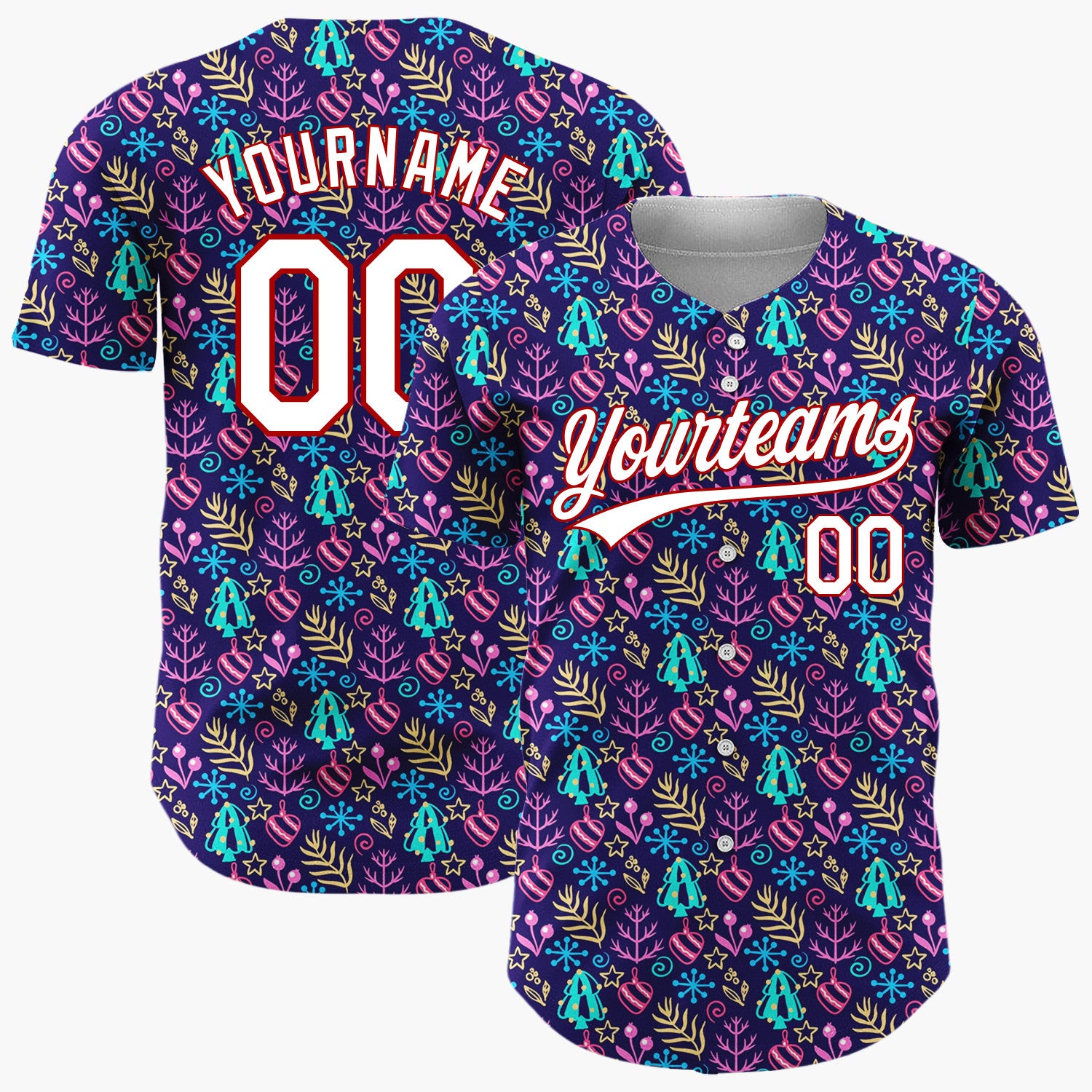 Custom Navy Blue Neon Christmas Trees Snowflakes And Ornaments Festive Pattern Christmas Baseball Jersey