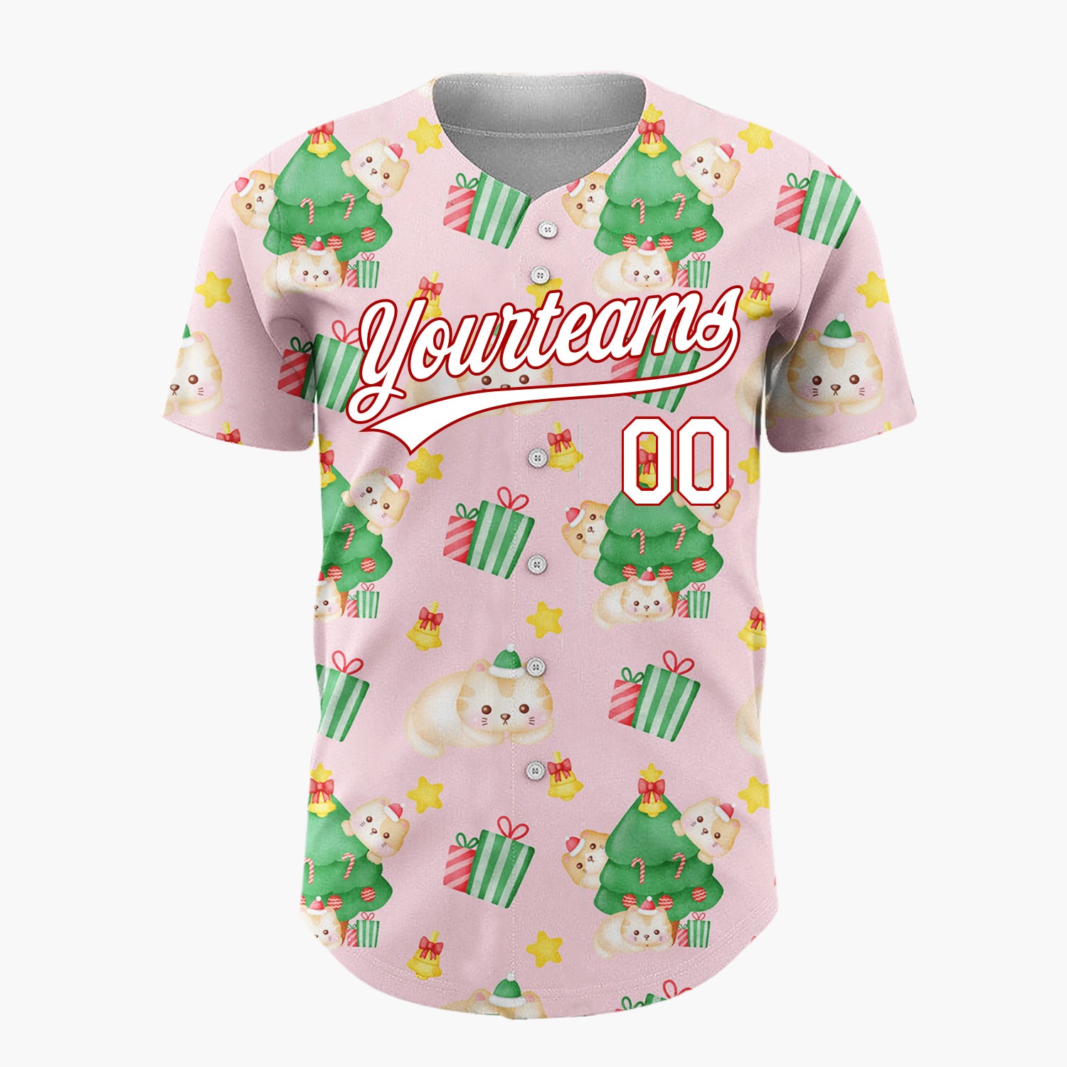 Custom Light Pink Cute Cat Christmas Tree Kawaii Pattern Christmas Baseball Jersey