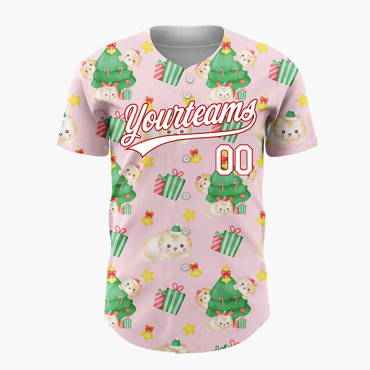 Custom Light Pink Cute Cat Christmas Tree Kawaii Pattern Christmas Baseball Jersey