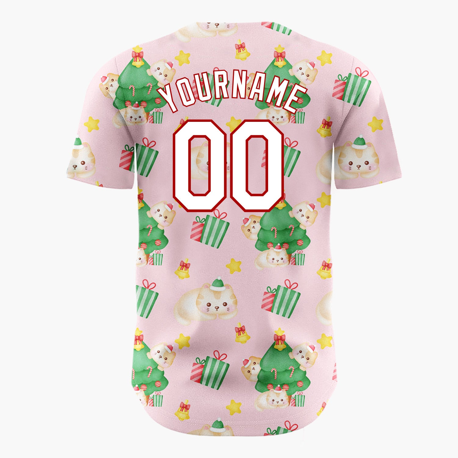 Custom Light Pink Cute Cat Christmas Tree Kawaii Pattern Christmas Baseball Jersey