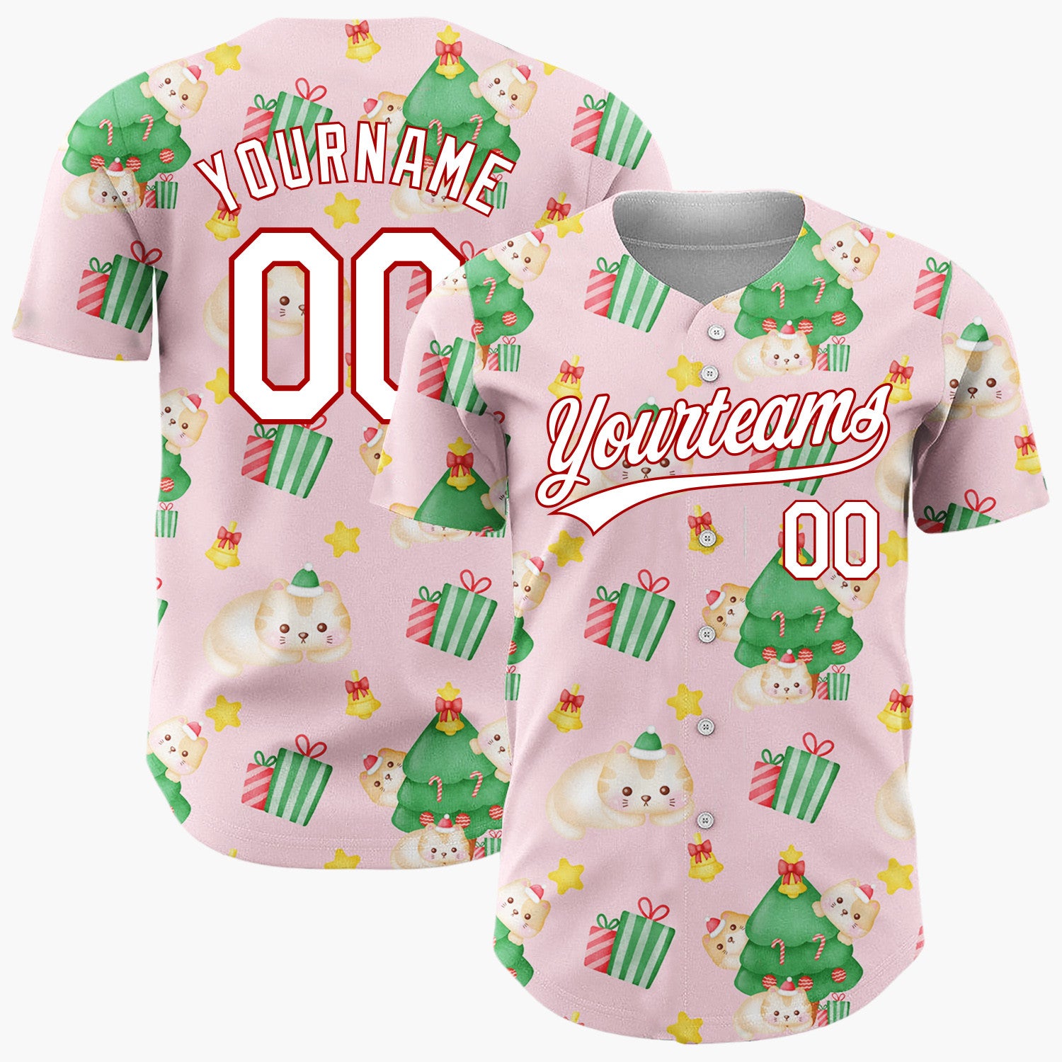 Custom Light Pink Cute Cat Christmas Tree Kawaii Pattern Christmas Baseball Jersey
