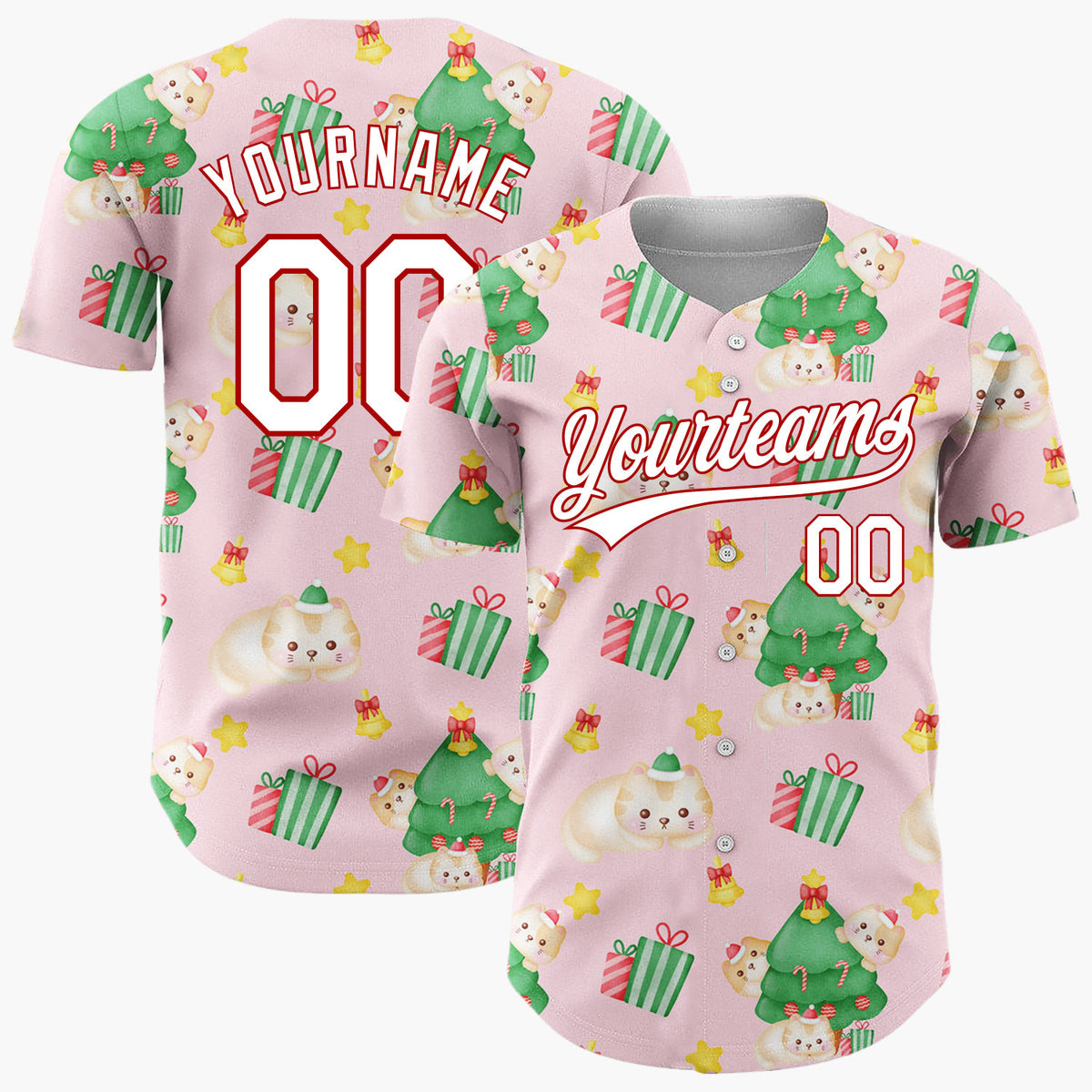 Custom Light Pink Cute Cat Christmas Tree Kawaii Pattern Christmas Baseball Jersey