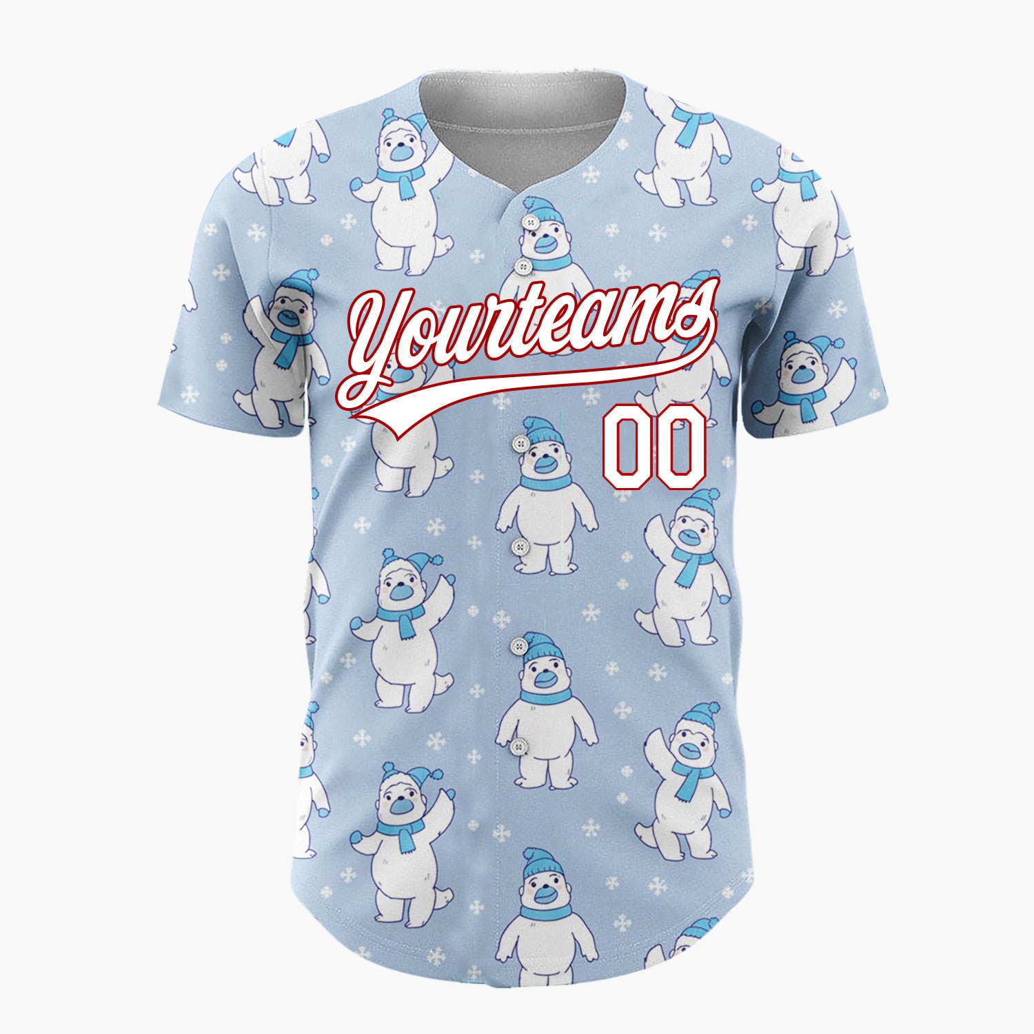 Custom Light Blue White Polar Bears With Scarves Cute Winter Pattern Christmas Baseball Jersey