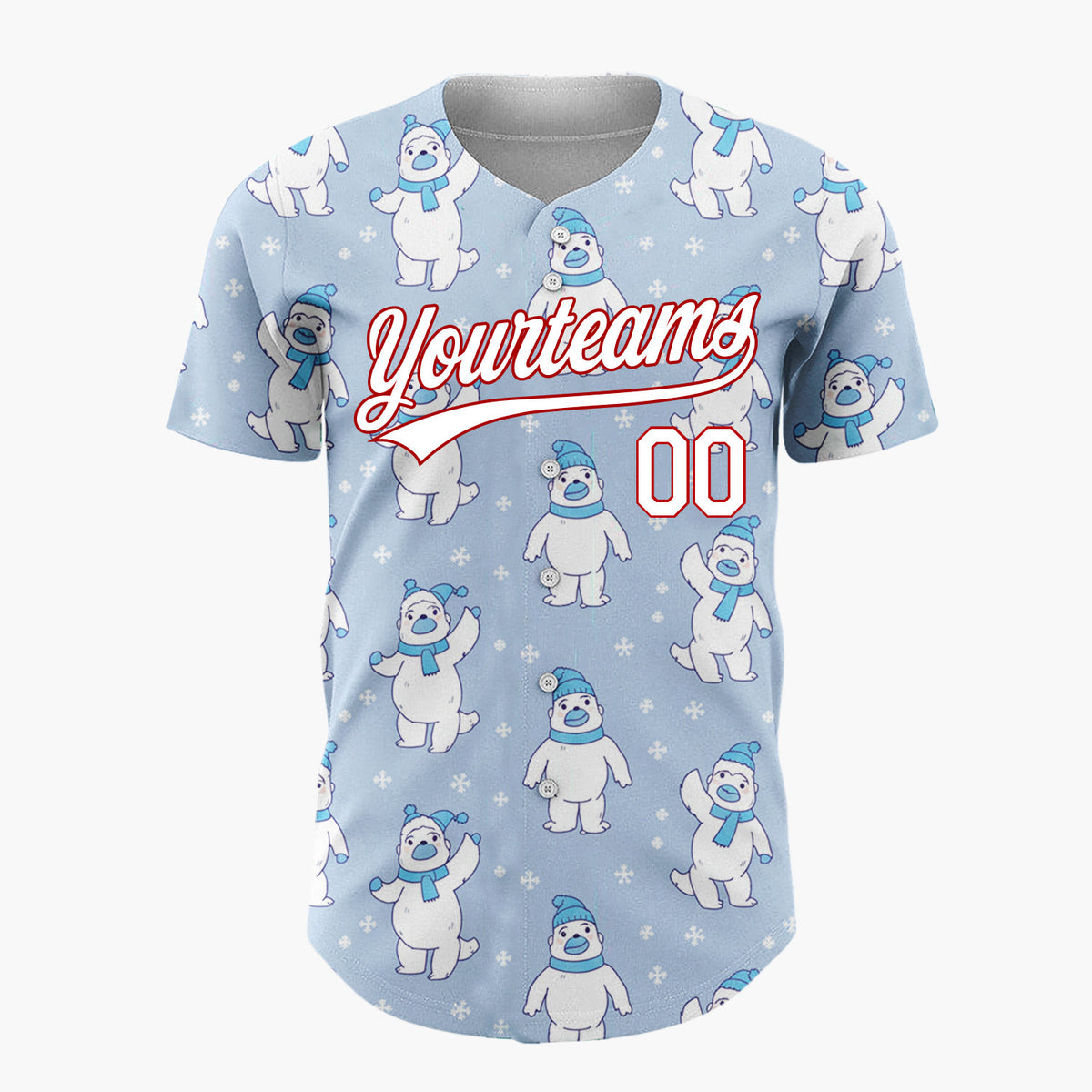 Custom Light Blue White Polar Bears With Scarves Cute Winter Pattern Christmas Baseball Jersey