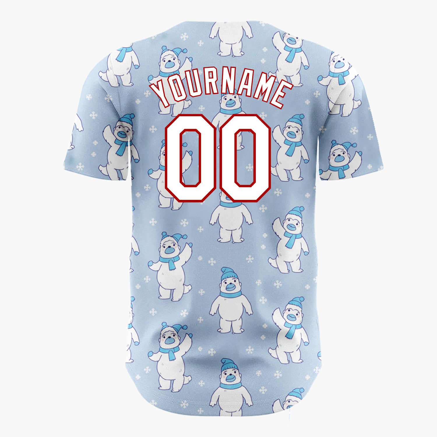 Custom Light Blue White Polar Bears With Scarves Cute Winter Pattern Christmas Baseball Jersey