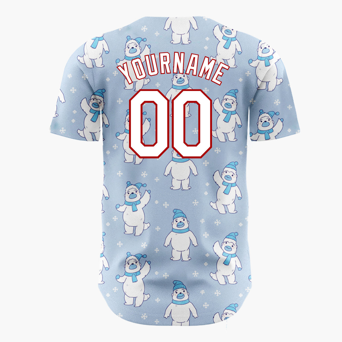 Custom Light Blue White Polar Bears With Scarves Cute Winter Pattern Christmas Baseball Jersey