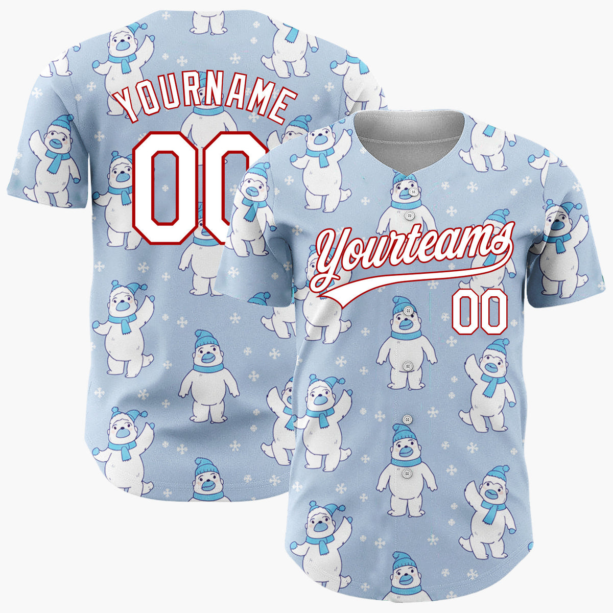 Custom Light Blue White Polar Bears With Scarves Cute Winter Pattern Christmas Baseball Jersey