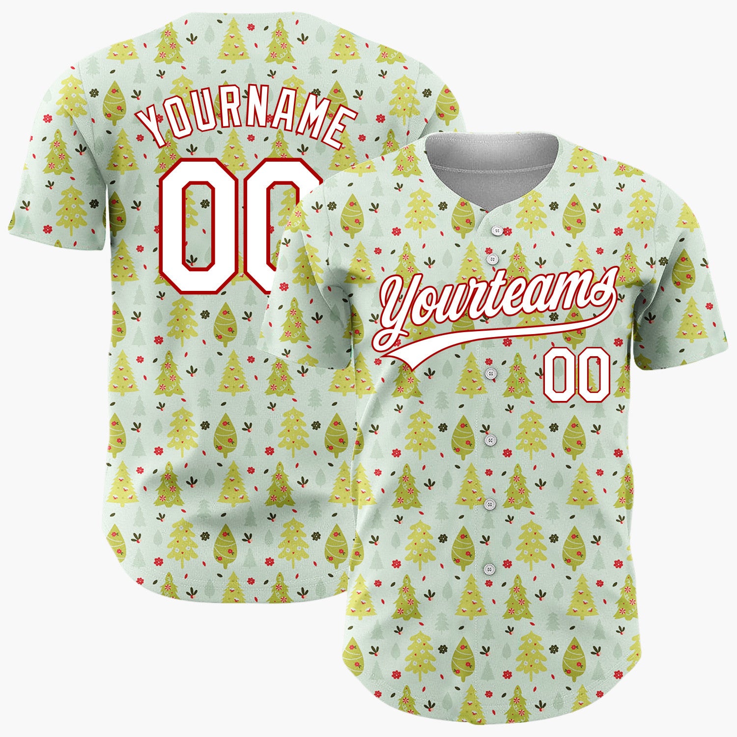 Custom Mint Green Trees And Berries Christmas Botanical Pattern Christmas Baseball Jersey