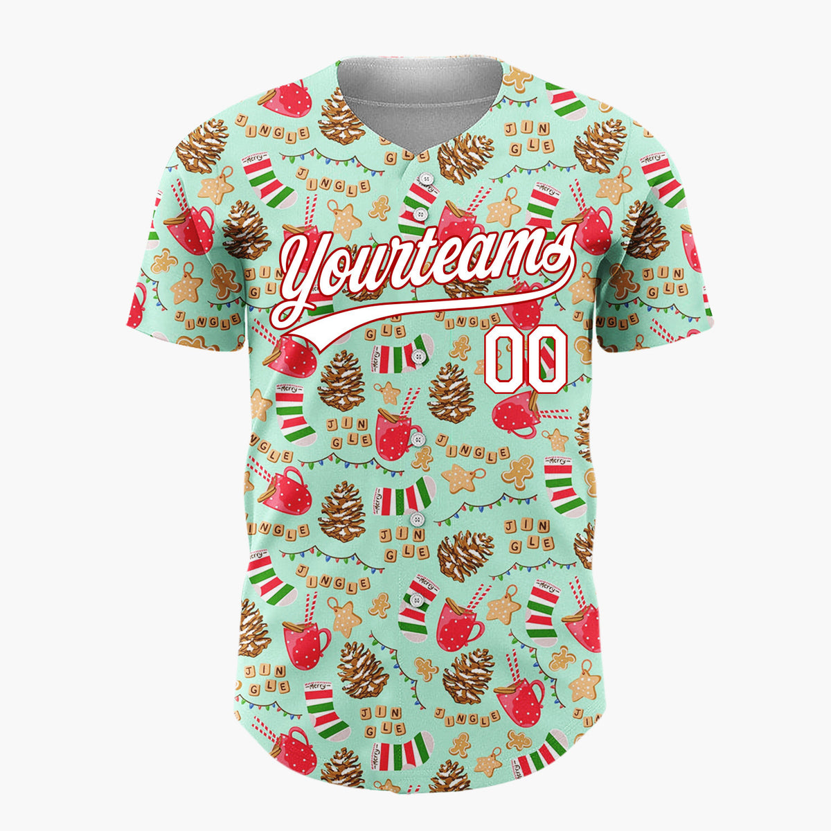 Custom Mint Red Gingerbread Socks And Mugs Christmas Doodle Pattern Christmas Baseball Jersey