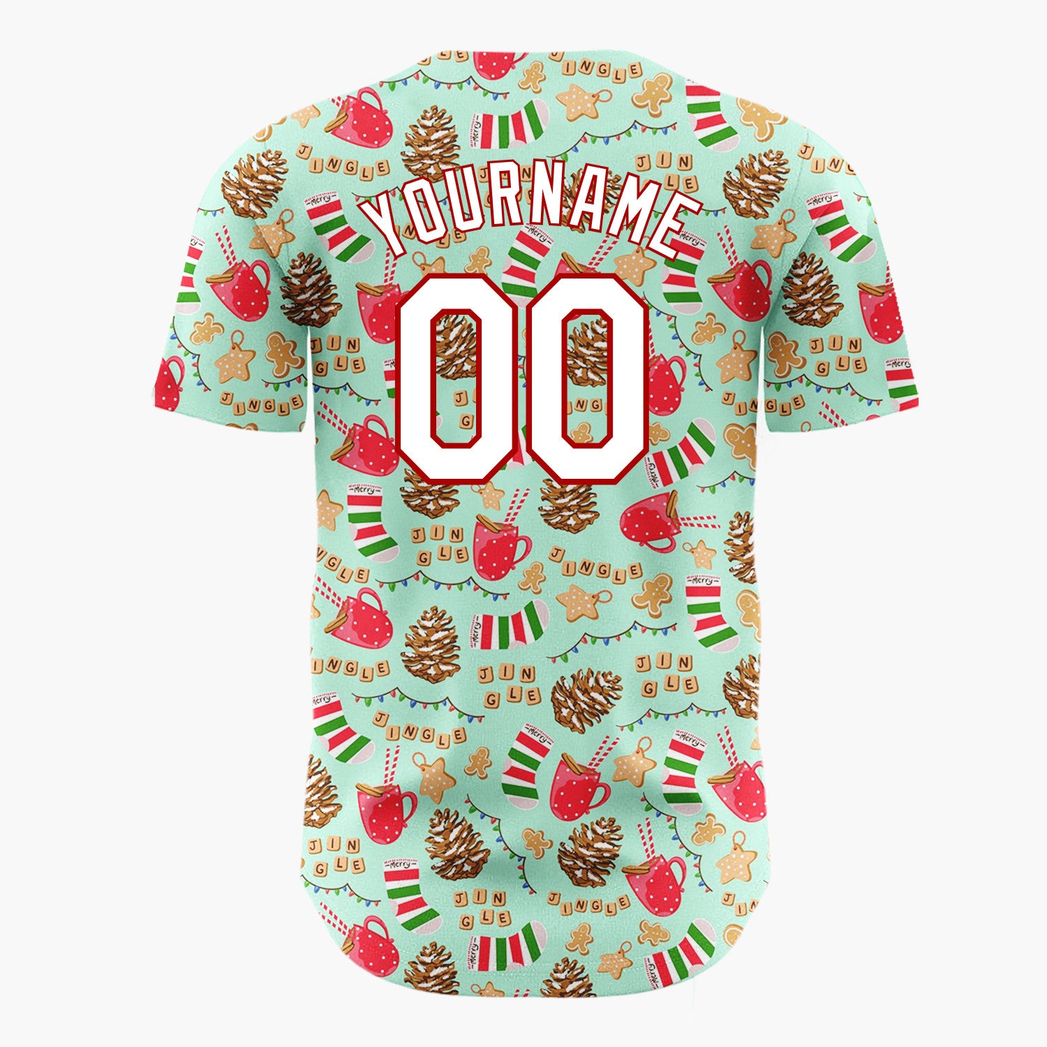 Custom Mint Red Gingerbread Socks And Mugs Christmas Doodle Pattern Christmas Baseball Jersey