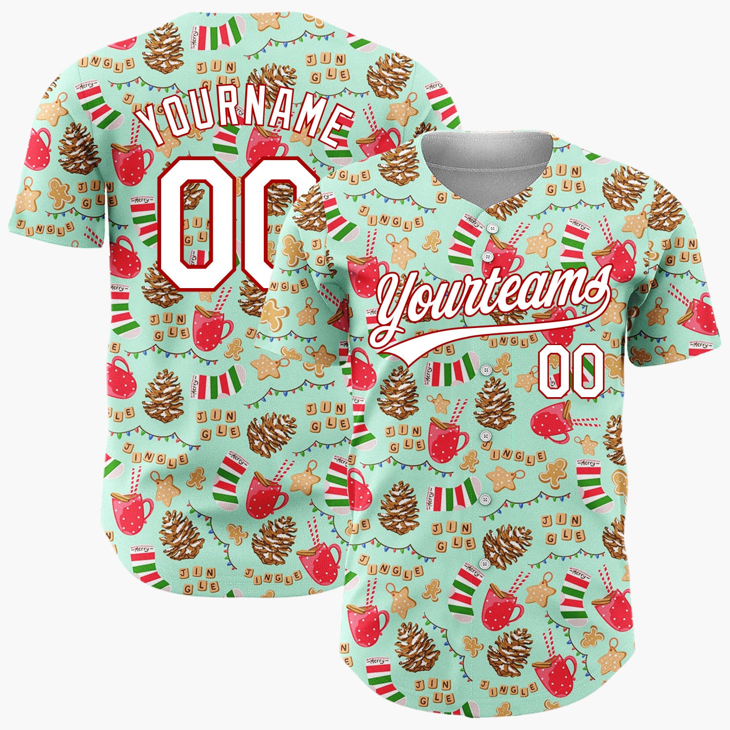 Custom Mint Red Gingerbread Socks And Mugs Christmas Doodle Pattern Christmas Baseball Jersey