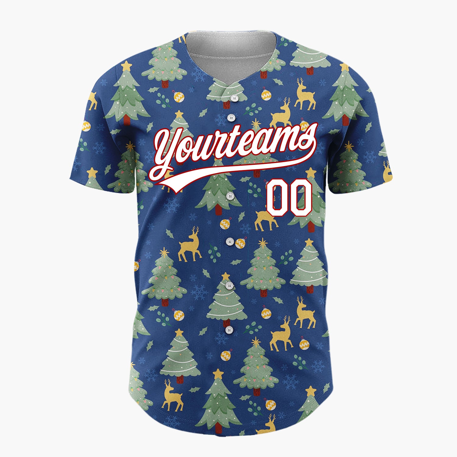 Custom Navy Blue Green Christmas Trees And Reindeers Classic Holiday Pattern Christmas Baseball Jersey
