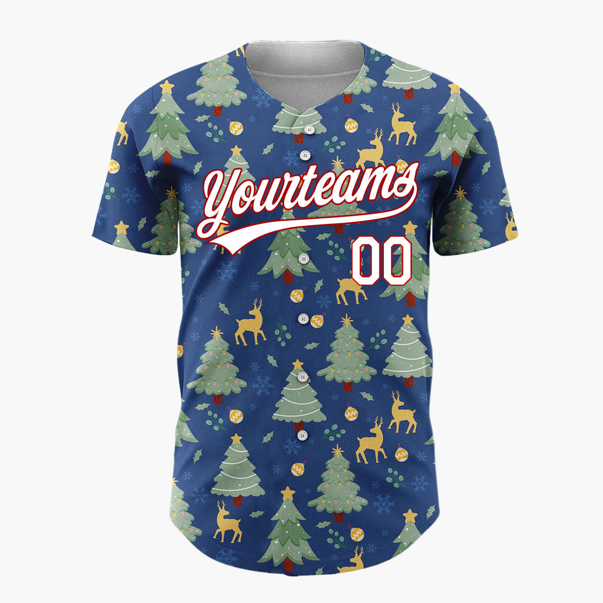 Custom Navy Blue Green Christmas Trees And Reindeers Classic Holiday Pattern Christmas Baseball Jersey