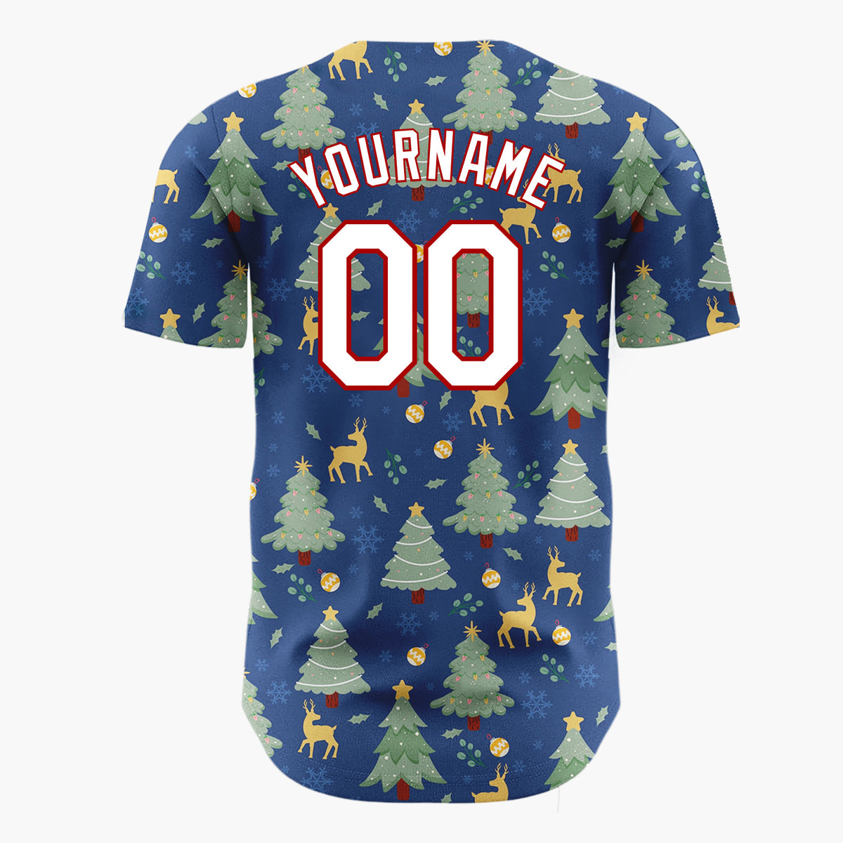 Custom Navy Blue Green Christmas Trees And Reindeers Classic Holiday Pattern Christmas Baseball Jersey