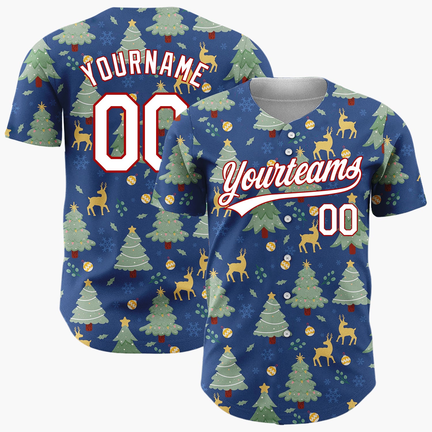 Custom Navy Blue Green Christmas Trees And Reindeers Classic Holiday Pattern Christmas Baseball Jersey