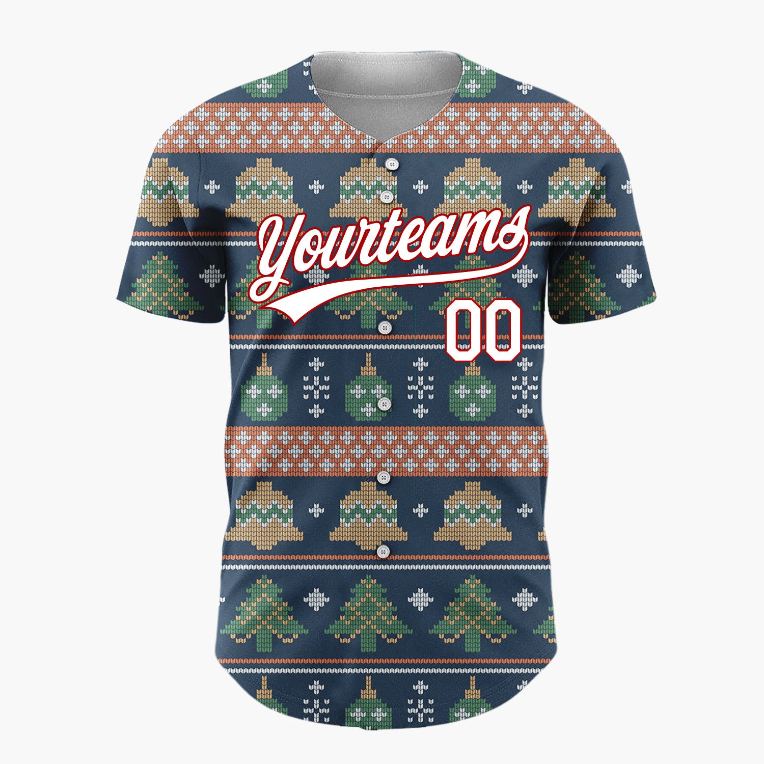 Custom Navy Green Bells Trees And Ornaments Vintage Knitted Christmas Baseball Jersey