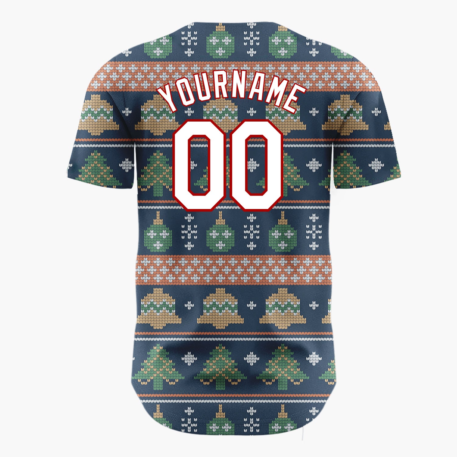 Custom Navy Green Bells Trees And Ornaments Vintage Knitted Christmas Baseball Jersey