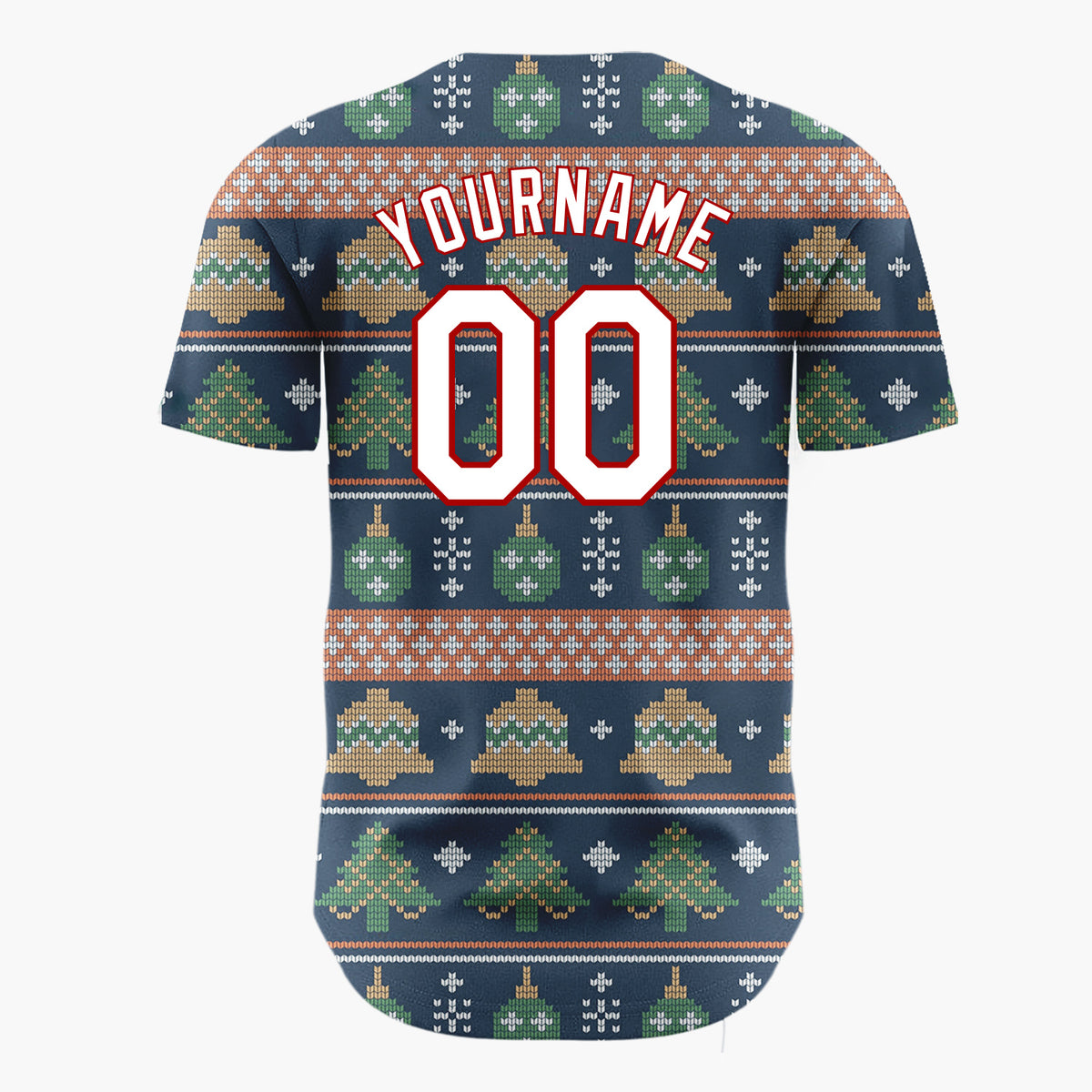 Custom Navy Green Bells Trees And Ornaments Vintage Knitted Christmas Baseball Jersey
