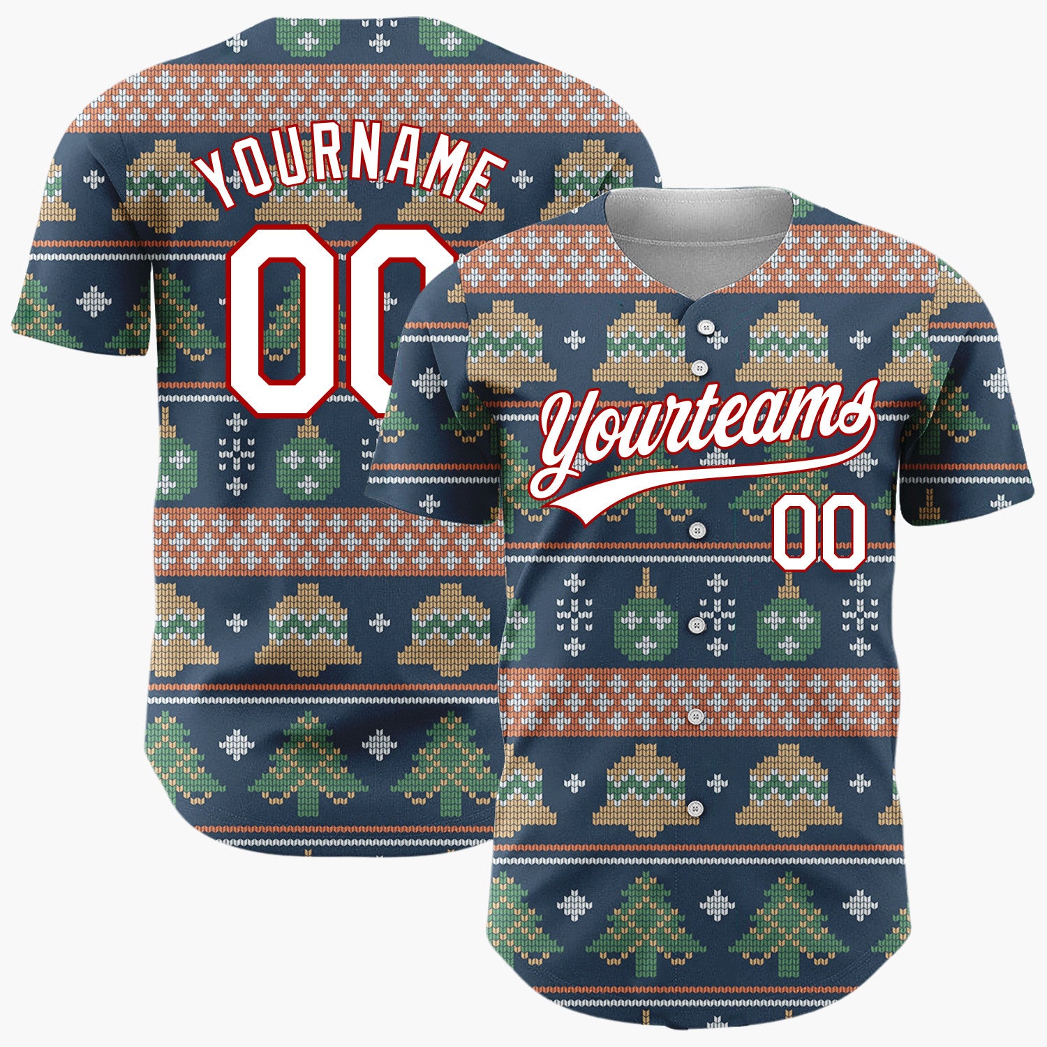 Custom Navy Green Bells Trees And Ornaments Vintage Knitted Christmas Baseball Jersey