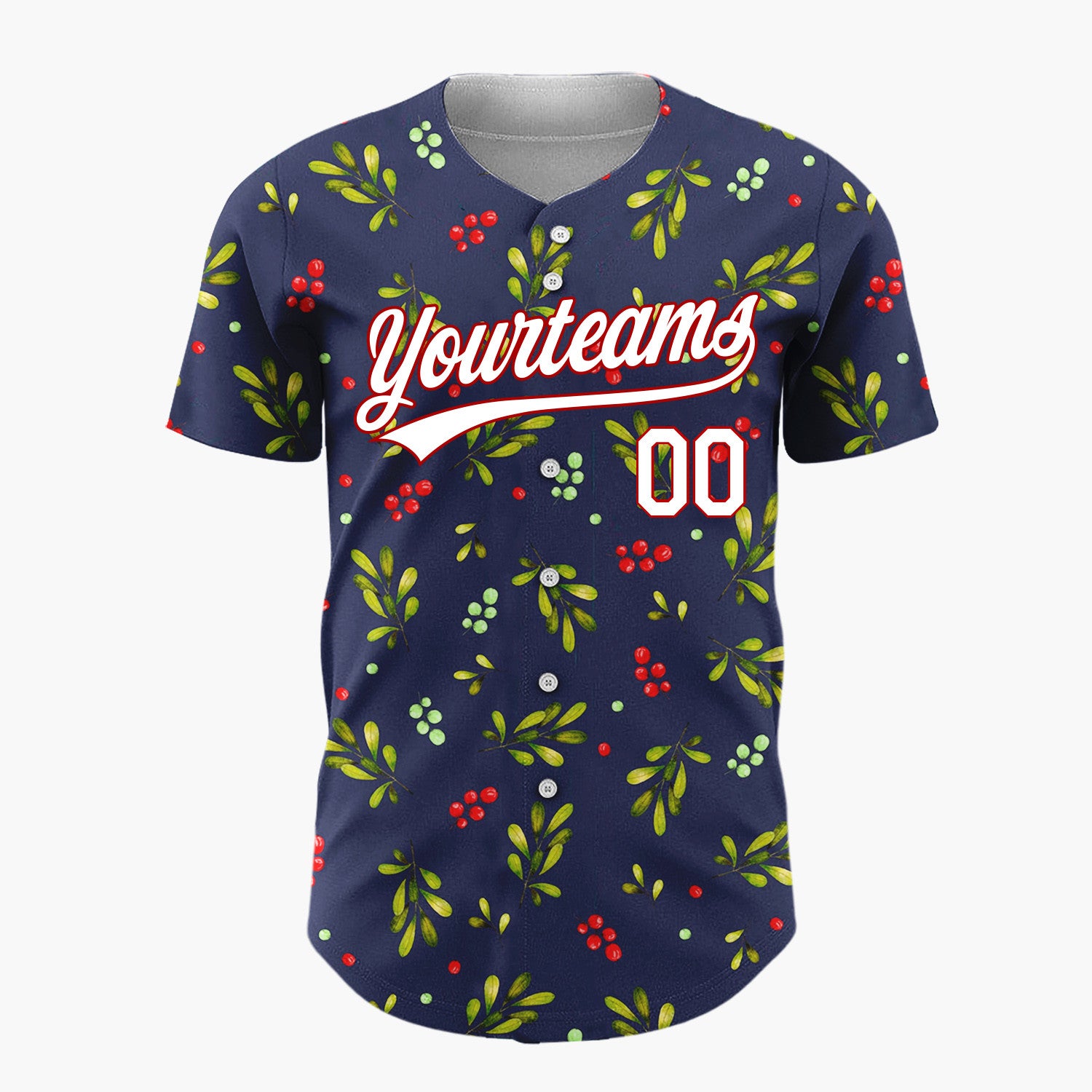 Custom Navy Green Berries And Leaves Watercolor Christmas Baseball Jersey