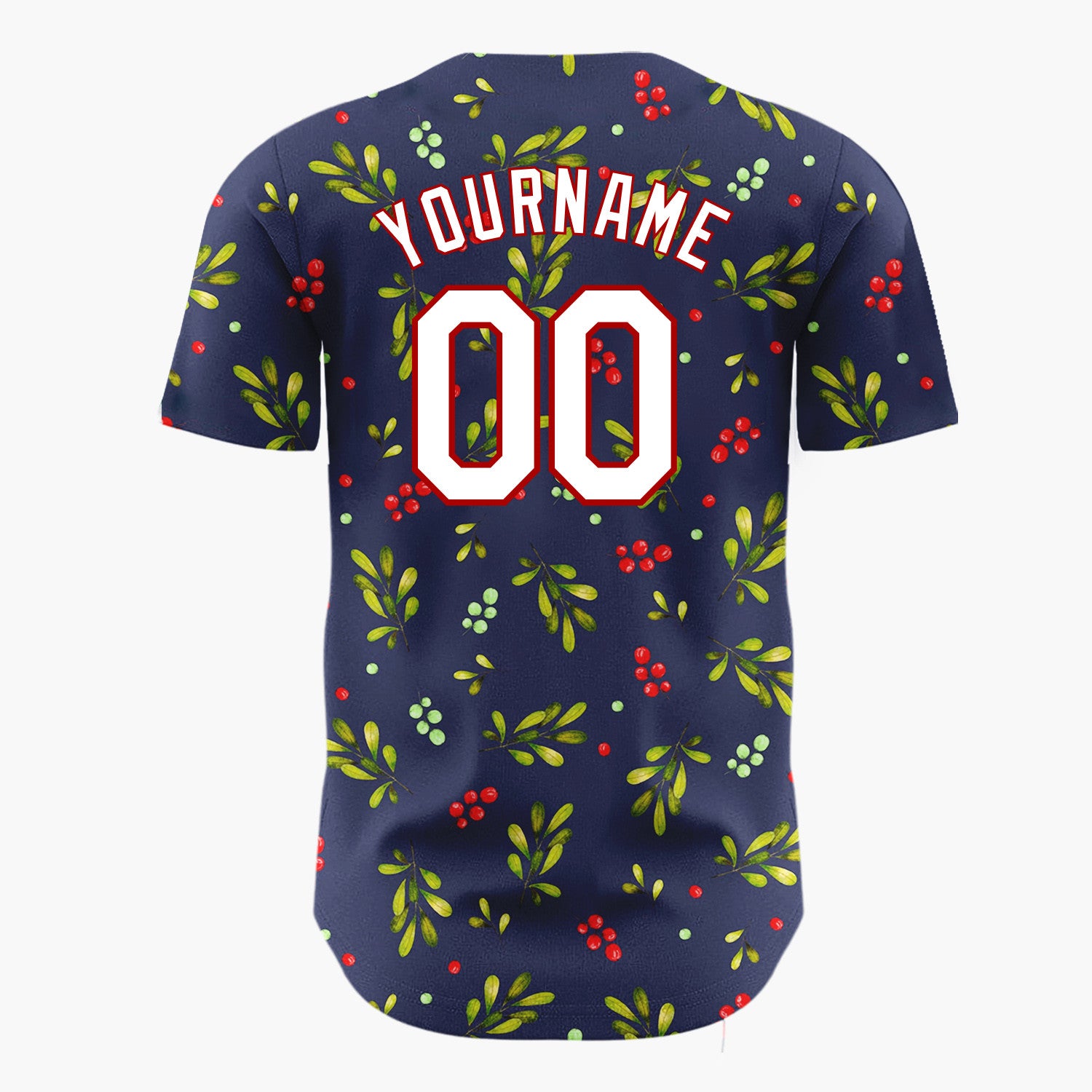 Custom Navy Green Berries And Leaves Watercolor Christmas Baseball Jersey