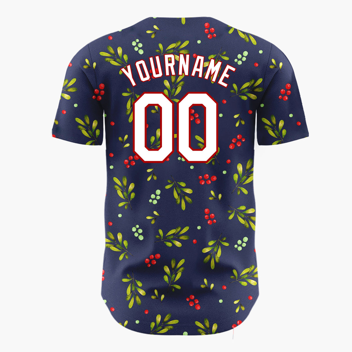 Custom Navy Green Berries And Leaves Watercolor Christmas Baseball Jersey