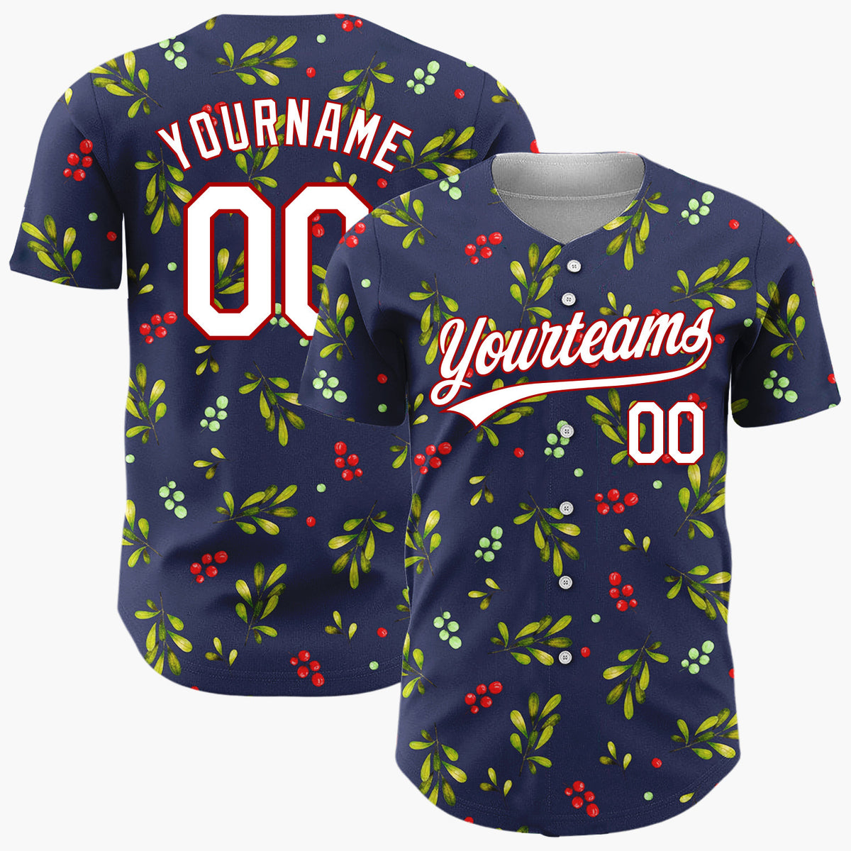 Custom Navy Green Berries And Leaves Watercolor Christmas Baseball Jersey