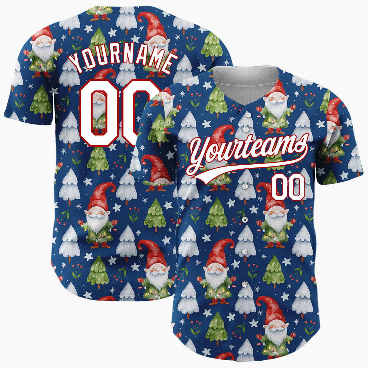Custom Navy Gnomes And Christmas Trees Watercolor Christmas Baseball Jersey