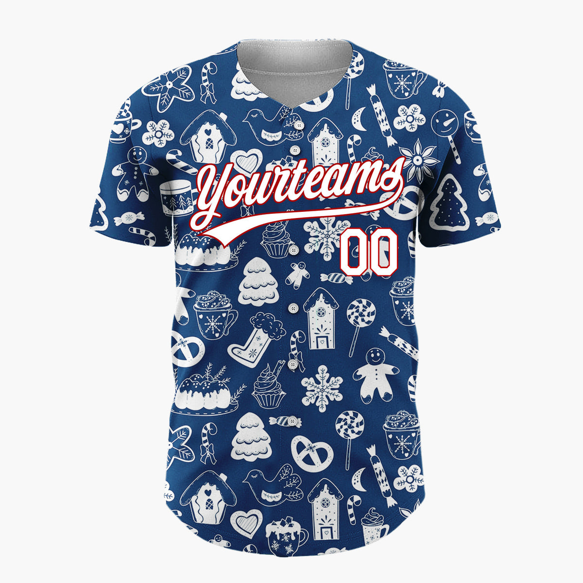 Custom Navy Blue White Holiday Treats Icons Doodle Pattern Christmas Baseball Jersey